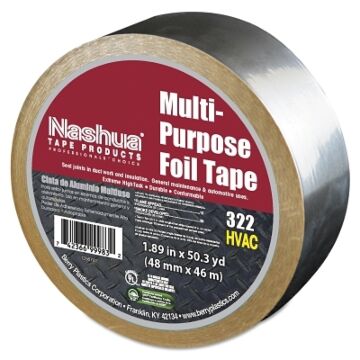 Nashua 1087627 322 Multi-Purpose Plain Foil Tape, 2 In X 50 Yd, 5 Mil, Aluminum Silver