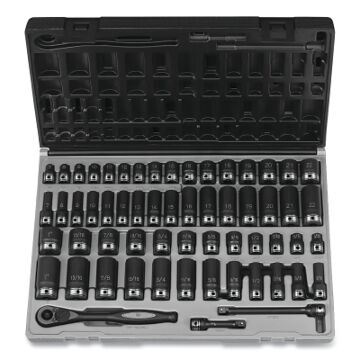 Grey Pneumatic 81659CRD Duo-Socket® Impact Socket Set, 3/8 In Dr, 6-Pt, Deep/Std, Incl (24) Sae/(32) Metric Skts/Ratchet/Exts/Case, 59 Pc